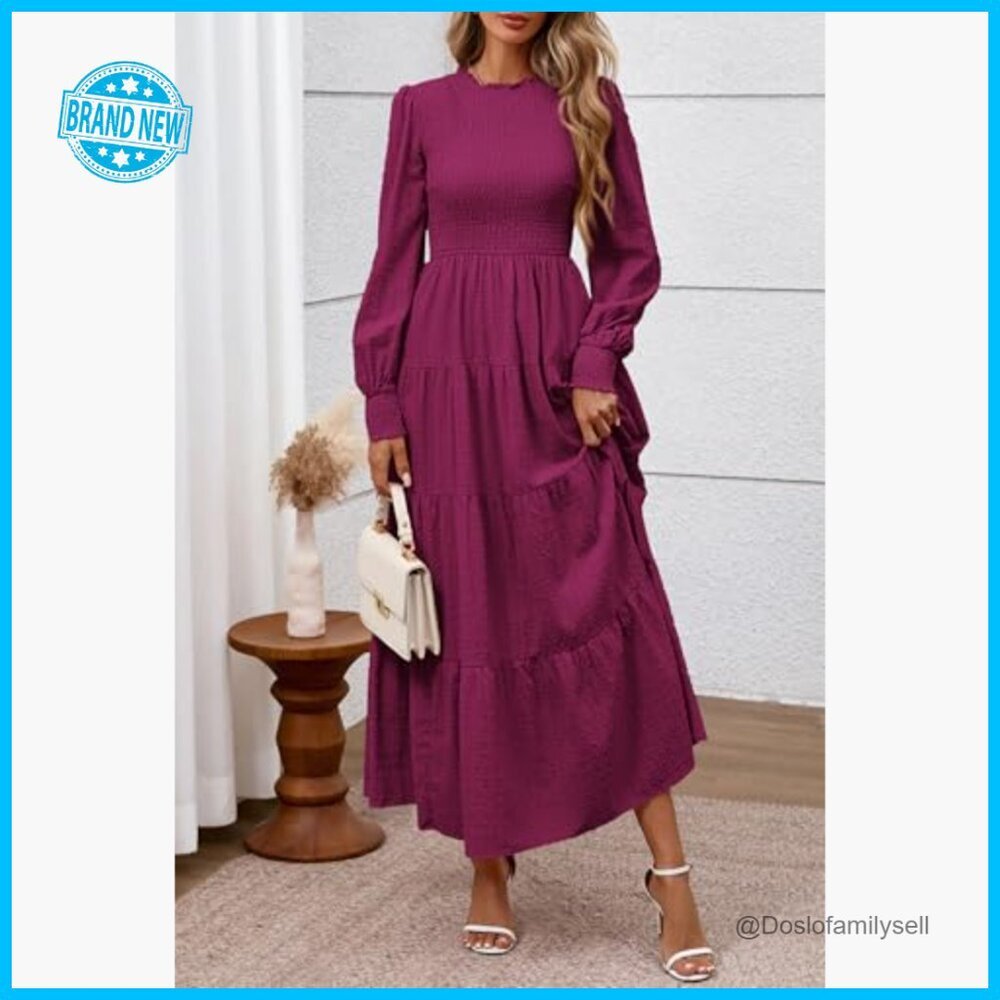 Elegant Swiss Dot Maxi Dress Smocked Waist Long Sleeve Formal Wedding Guest - Picture 3 of 7